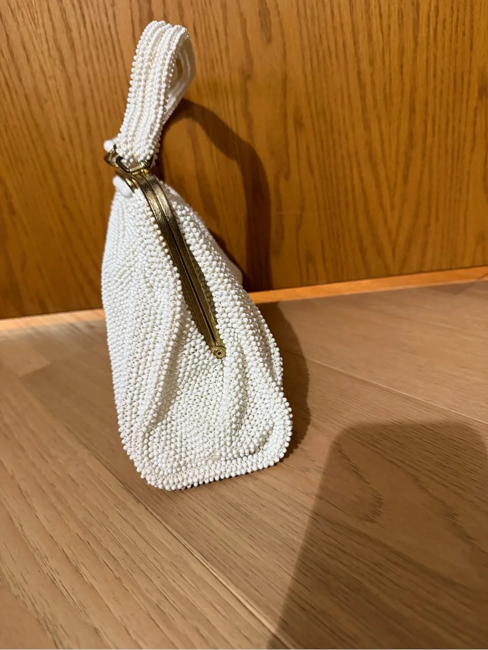 Vintage lumered Pearl petite bead Beaded White Evening Clutch with Gold Frame